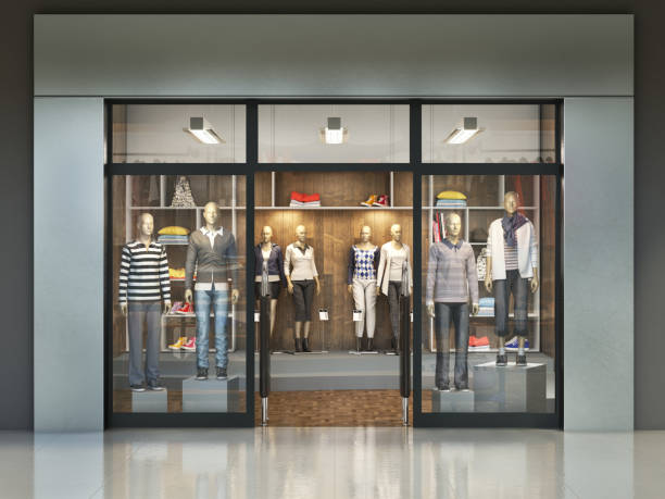 Modern facade of clothes store with empty signboard